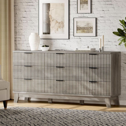 63 Inch Dresser Charcoal Grey Finish With Wave Fluted Panel And 9 Drawers