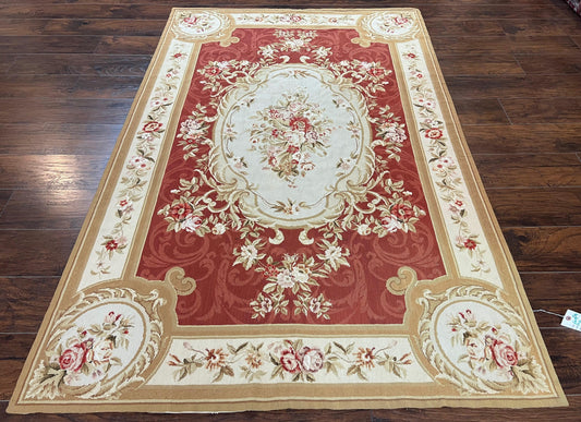 Aubusson Needlepoint Rug 5x8, Red Ivory Tan, Vintage Needlepoint Carpet 5 x 8 ft, Handmade Hand woven Wool, French European, Medium Size Rug