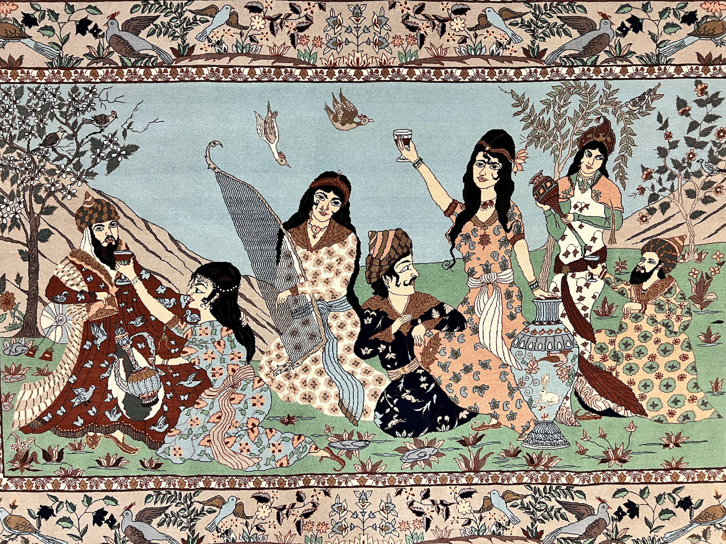 Indo Persian Pictorial Rug 4x7, Handmade Hand Knotted Wool Semi Antique Horizontal Carpet, Men & Women Drinking, Fine Rug, Bird Pictorials