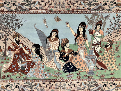Indo Persian Pictorial Rug 4x7, Handmade Hand Knotted Wool Semi Antique Horizontal Carpet, Men & Women Drinking, Fine Rug, Bird Pictorials