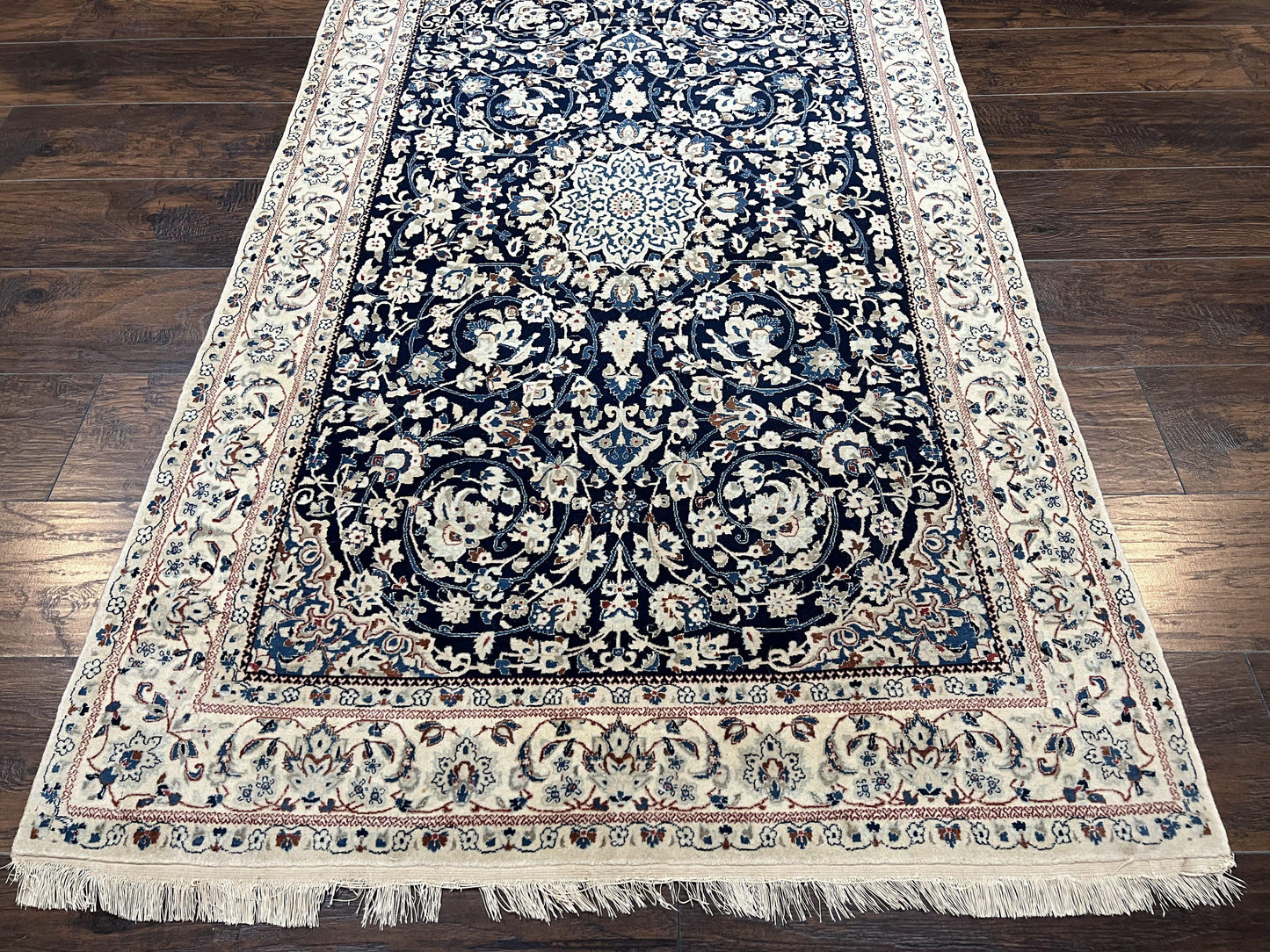 Very Fine Persian Nain Rug 3.7 x 6, Floral Medallion, Wool and Silk Accents, Highly Detailed, Hand Knotted Oriental Carpet, Navy Blue Ivory/Cream