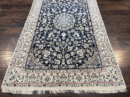 Very Fine Persian Nain Rug 3.7 x 6, Floral Medallion, Wool and Silk Accents, Highly Detailed, Hand Knotted Oriental Carpet, Navy Blue Ivory/Cream