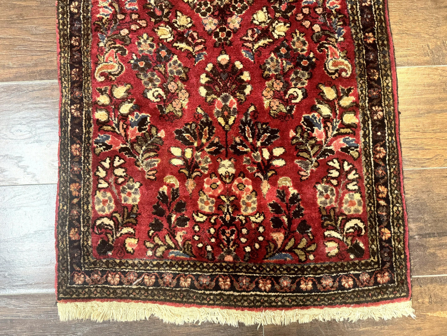 Small Persian Sarouk Rug 2x4, Floral, Red Hand Knotted Wool Traditional Oriental Carpet, Antique Persian Rug 2 x 4