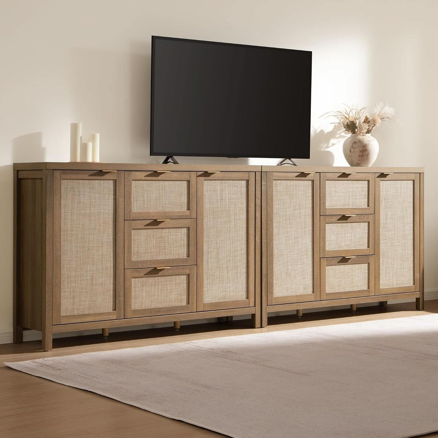 Caramel Oak Rattan Large Sideboard Buffet Storage Cabinet