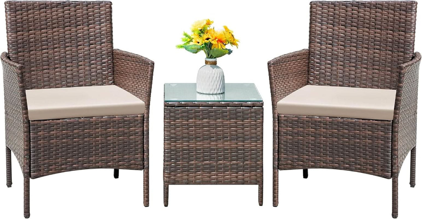 Patio Set 3 Piece All Weather Rattan Glass Table Brown