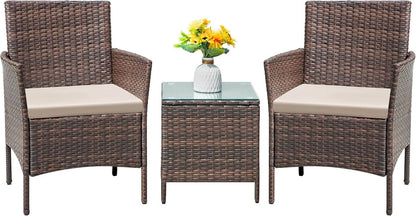 Patio Set 3 Piece All Weather Rattan Glass Table Brown