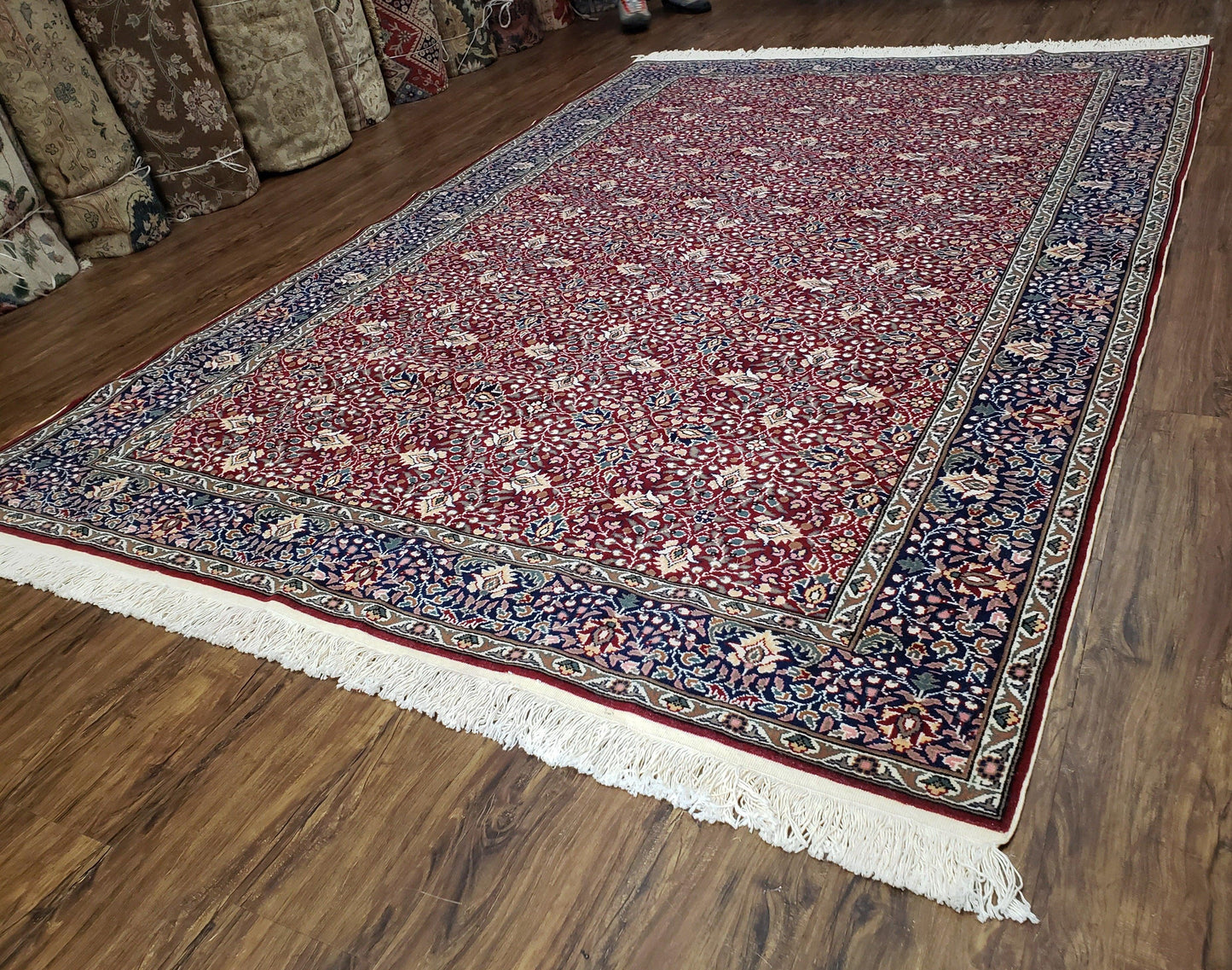 Vintage Turkish Sivas Area Rug 6.5 x 9.5, Wool Hand-Knotted Red & Midnight Blue Allover Floral Pattern Oriental Carpet, 6x9 Traditional Rug