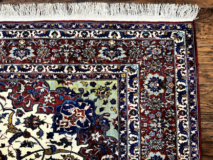 Wonderful Persian Isfahan Rug 7x9, Ivory Navy Blue Red, Floral Medallion, Very Finely Hand Knotted 260 KPSI, Handmade Wool Vintage Rug
