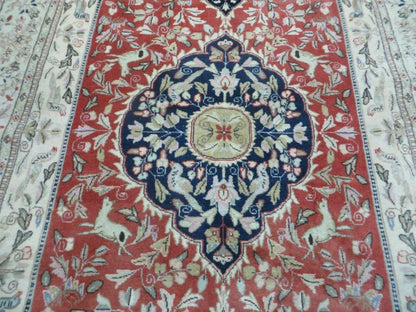 6' X 9' Vintage Handmade India Oriental Floral Wool Rug Hunting Bird Deer Nice