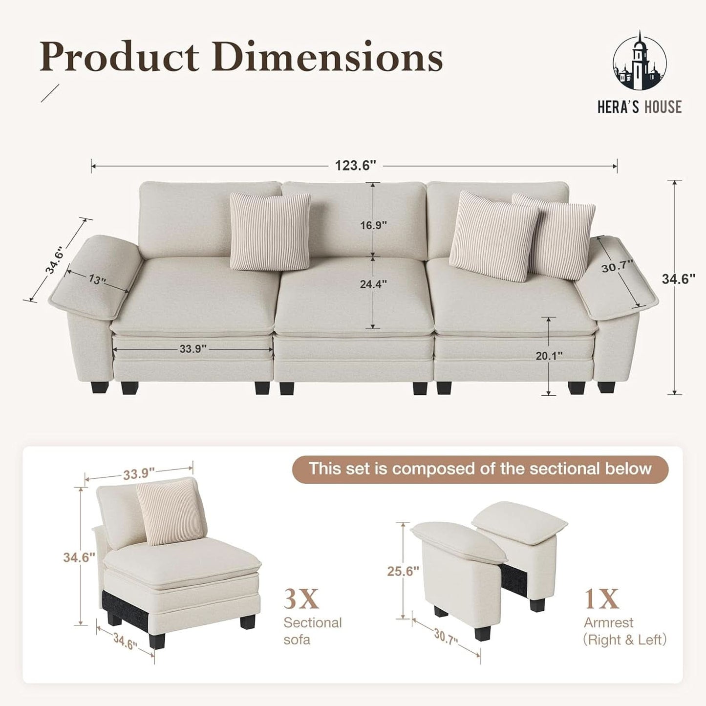 124 Inch Chenille Beige Modular Sectional Sofa With Throw Pillows