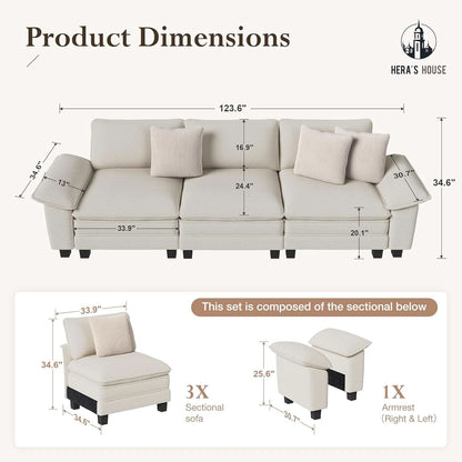 124 Inch Chenille Beige Modular Sectional Sofa With Throw Pillows
