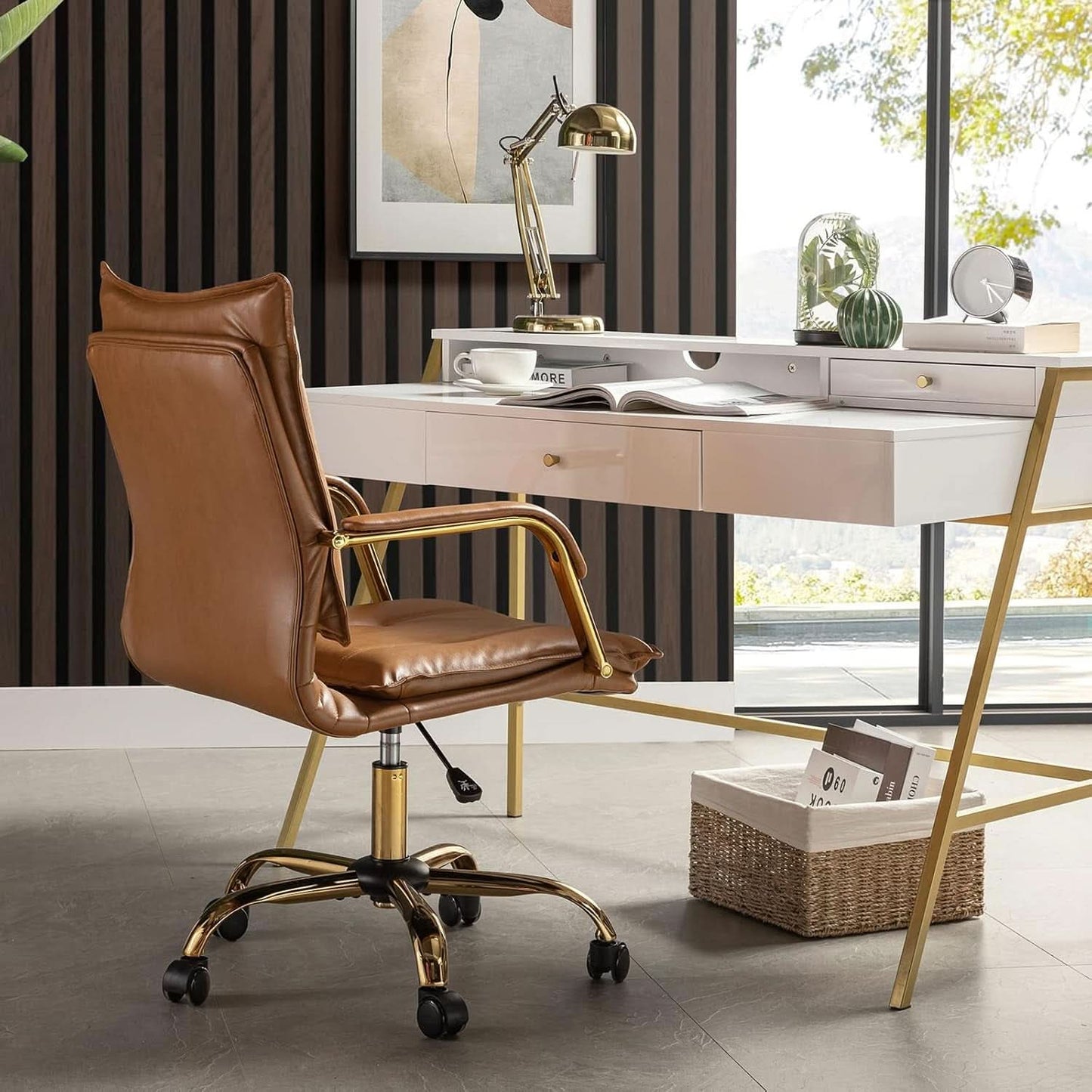 Adjustable Faux Leather Desk Chair With Golden Legs Camel