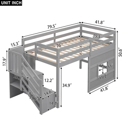 Twin Size Low Loft Bed In Gray With Stairs Storage