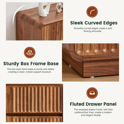 Walnut Fluted Three Drawer Dresser 31 Inch Wide Storage
