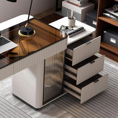 Ivory 50 Inch Office Computer Desk With Cabinet LED lights