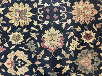 Indo Persian Rug 10x14, Wool Handmade Room Sized Floral Oriental Carpet, Indian Mahal Flatweave Rug, Black Beige
