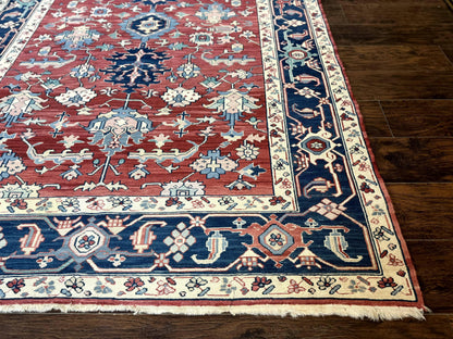 Turkish Flatweave Rug 6x9, Heriz Design, Red and Blue