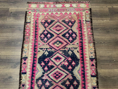Turkish Runner Rug 3x10, Pink and Navy Blue, Bohemian Runner for Hallway or Kitchen, Vintage, Geometric, Tribal