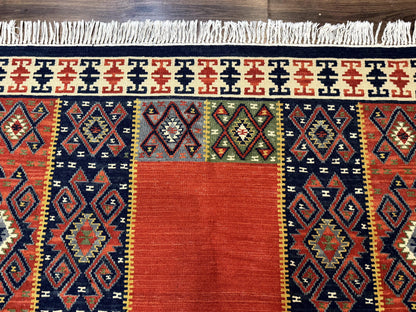 Turkish Kilim Rug 5x8, Flatweave Carpet, Handmade Bohemian Rug, Terracotta and Navy Blue