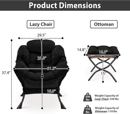 Black Velvet Folding Ottoman Lounge Chair With Footrest