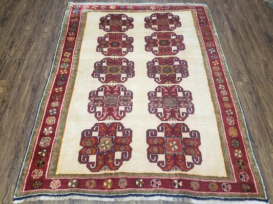 Vintage Persian Gabbeh Rug, Dark Red & Cream, Hand-Knotted, 5' x 6' 4"