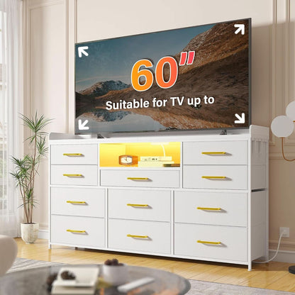 White Dresser TV Stand 60 Inch With LED And 11 Drawers