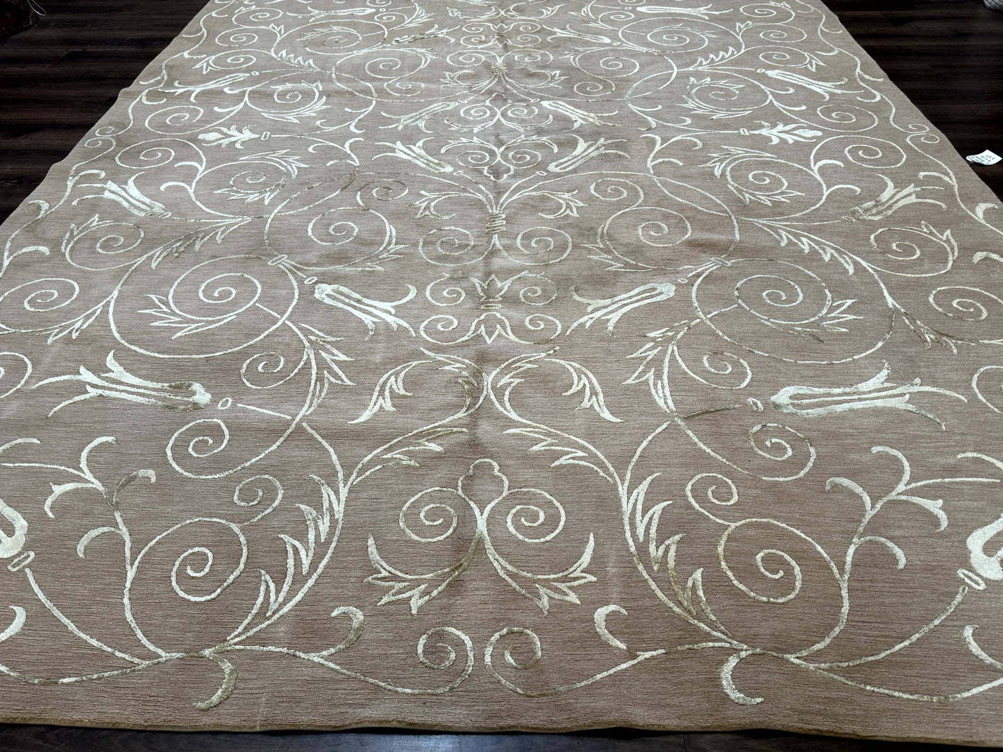 Tibetan Rug 9x12 Wool and Silk Beige Modern Handmade Carpet