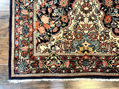 Persian Saoruk Rug 4x5, Navy Blue and Red, Floral, Antique Persian Wool Carpet, Handmade