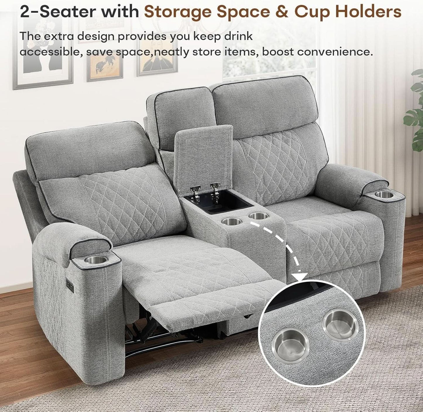 Electric Recliner Sofa USB Type C Ports Light Grey