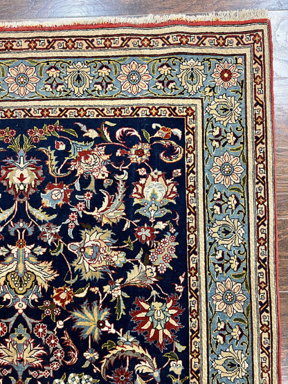 Blue Persian Qum Rug 5x7, Very Fine and Wonderful Authentic Persian Carpet, Wool Hand Knotted Vintage Semi Antique Oriental Rug, Floral, Ghom Qom Rug
