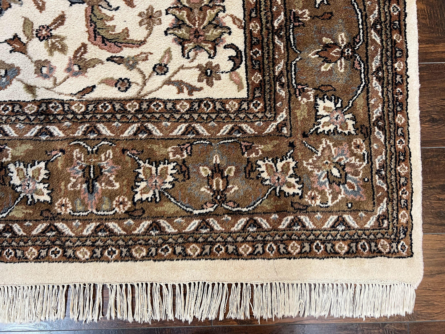 Indo Kirman Rug 8x12 Allover Floral Design, Ivory/Cream Brown, Vintage Handmade Hand Knotted Rug, Traditional Wool Persian Carpet 8 x 12