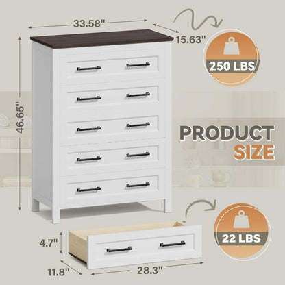 Tall White ChestOfDrawers With Five Drawers WalnutBrown