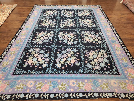 Chinese Needlepoint Rug 8 x 11.4, Hand-Woven Area Carpet, Flatweave Rug, Black Blue Light Violet Floral Garden European Design Wool Aubusson