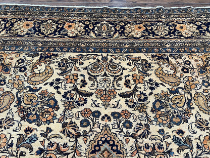 Antique Persian Rug 9x11, Wool Handmade 1920s Oriental Carpet, Persian Hamadan Anjelas Rug, Cream Black, Floral Allover Oriental Rug 9 x 11 Room Sized Rug