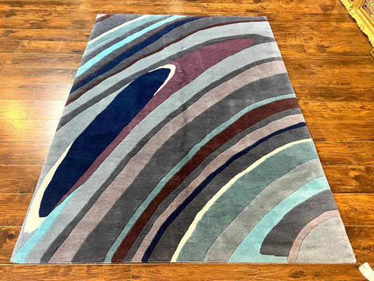 Modern Nepali Handmade Wool Rug 6x8, Blues Gray Mauve, Abstract, Nepali Tibetan Rug