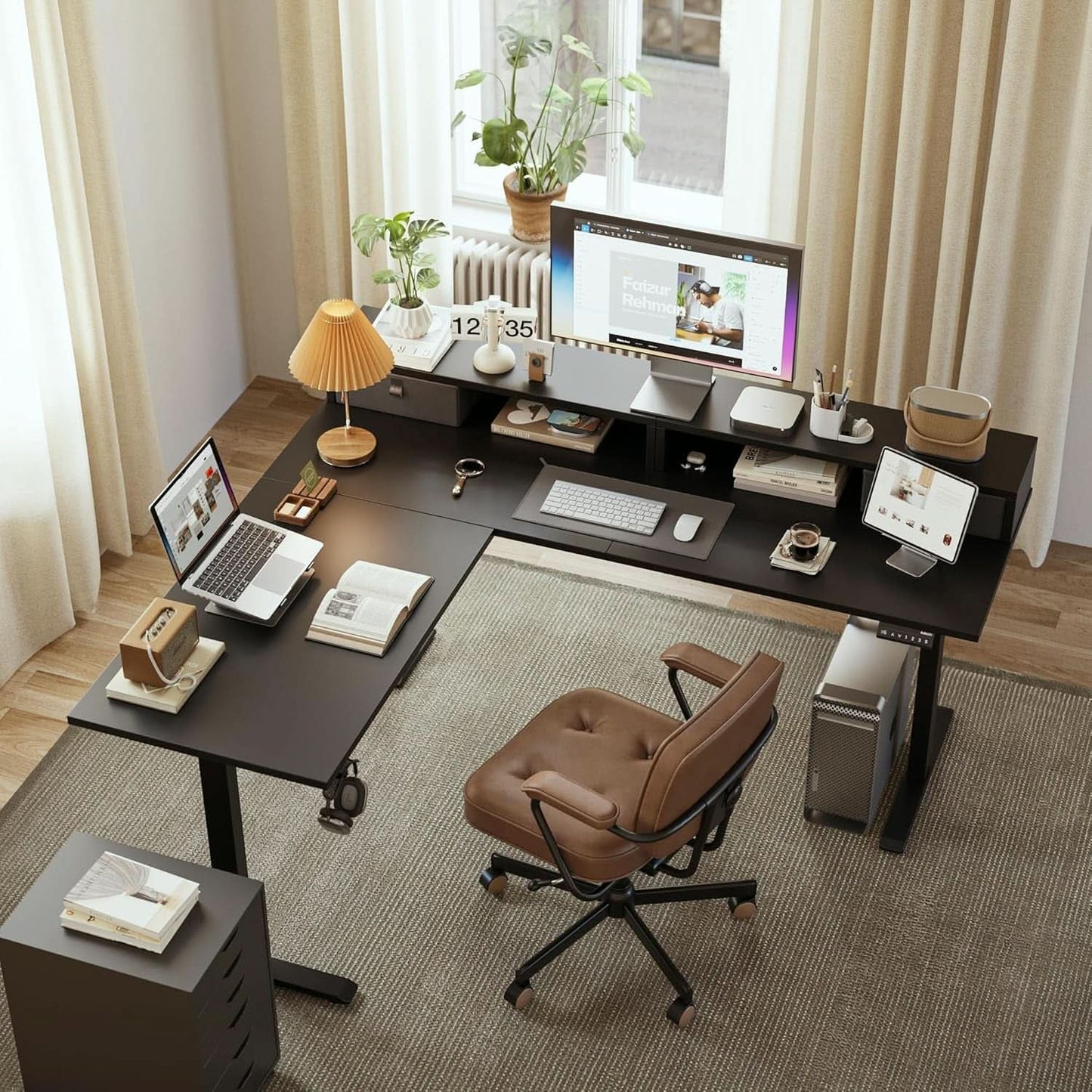 L Shaped Electric Standing Desk 63 Inch 2 Drawers Black