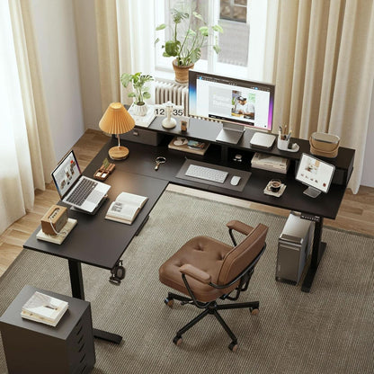 L Shaped Electric Standing Desk 63 Inch 2 Drawers Black