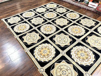 Needlepoint Rug 8x10, Black Tan Beige, Panel Design, Wool Handwoven Handmade Flatweave Needlepoint Carpet, Vintage French European Rug