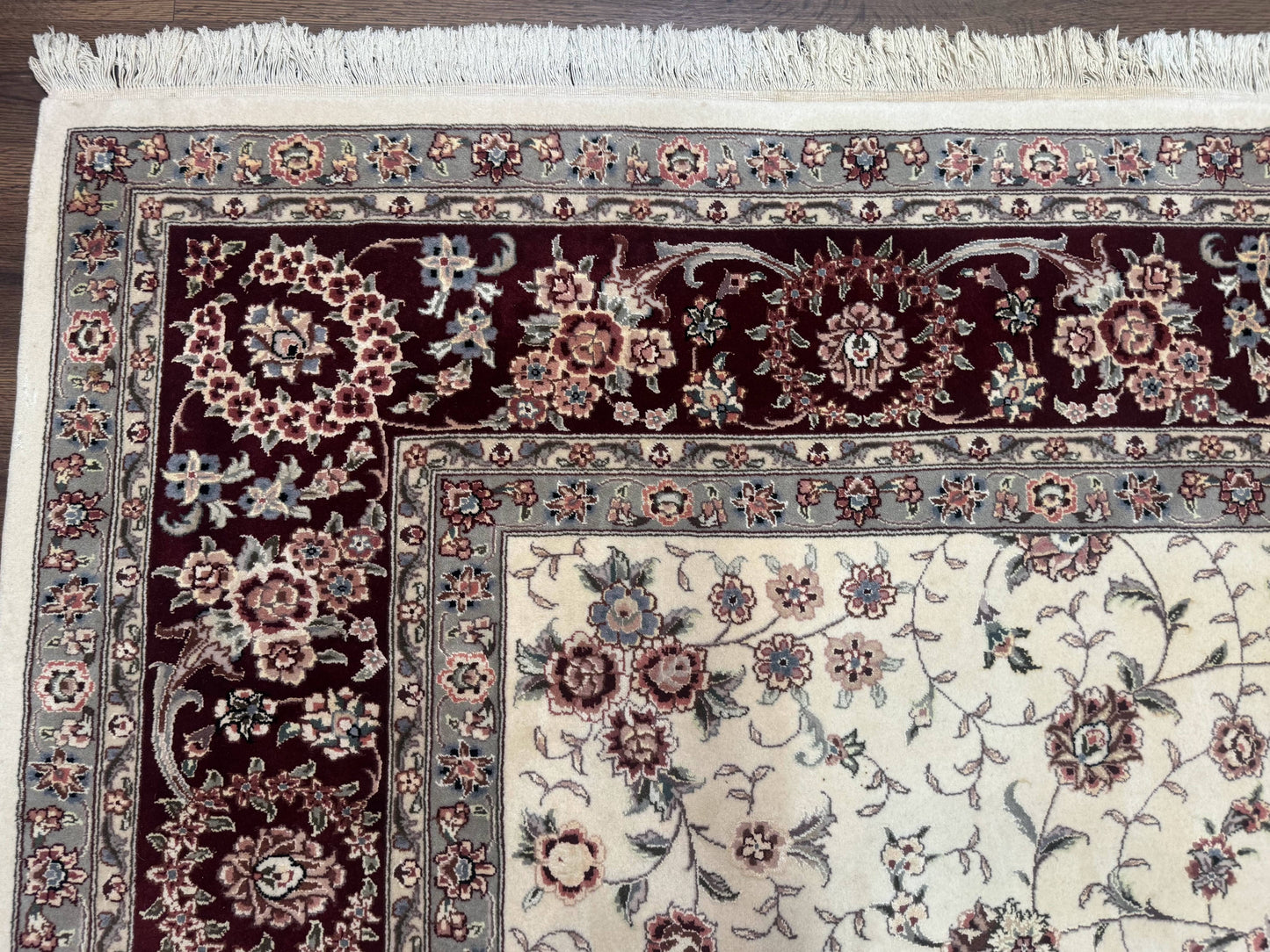 Sino Persian Rug 9x12, Floral Allover Design, 170 KPSI, Ivory and Dark Maroon