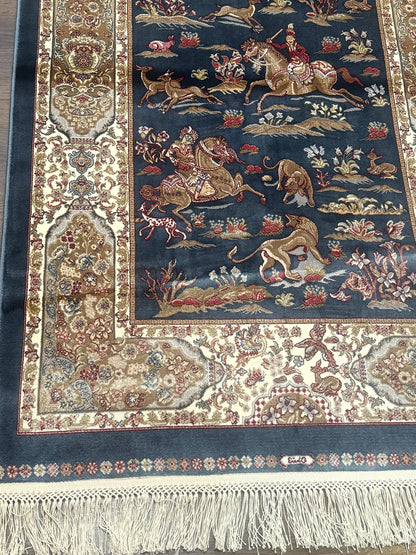 Turkish Silk Hunting Scene Rug 2.6 x 5, Dark Steel Blue & Ivory, Bamboo Silk, New