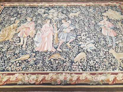 Vintage European Tapestry 5.4 x 7.11, Antique Style European Wall Hanging, Aubusson Weave Handmade Tapestry, Courtship Dating Scene, Animals