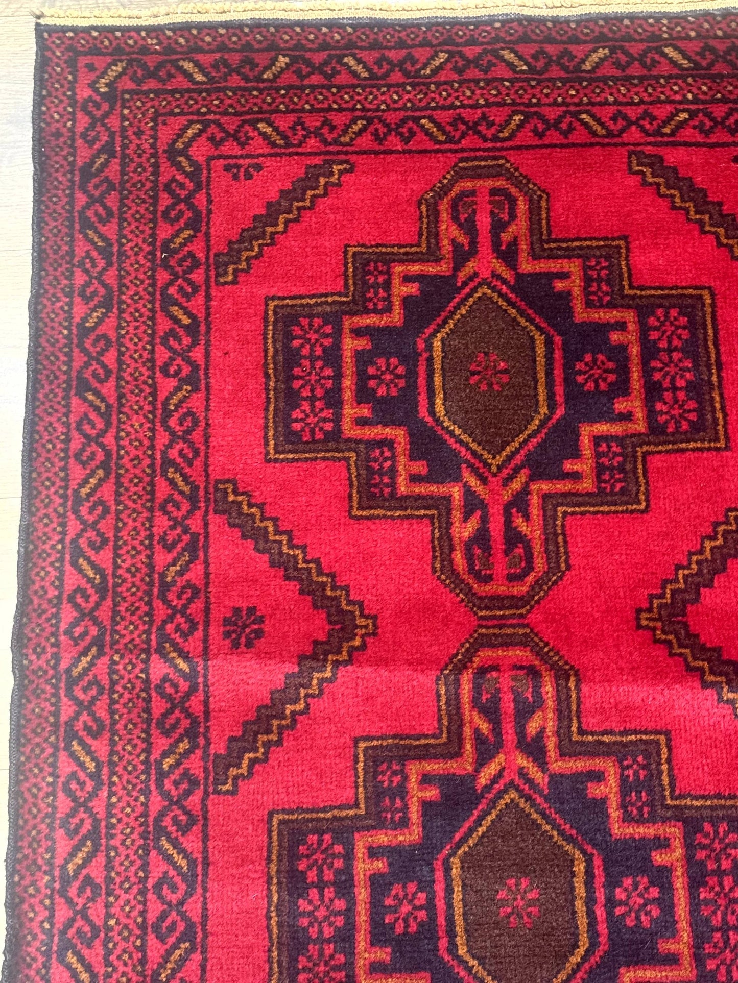 Afghan Rug 4x7, Tribal Carpet, Balouch Rug, Red and Navy Blue, Repeated Medallions, New