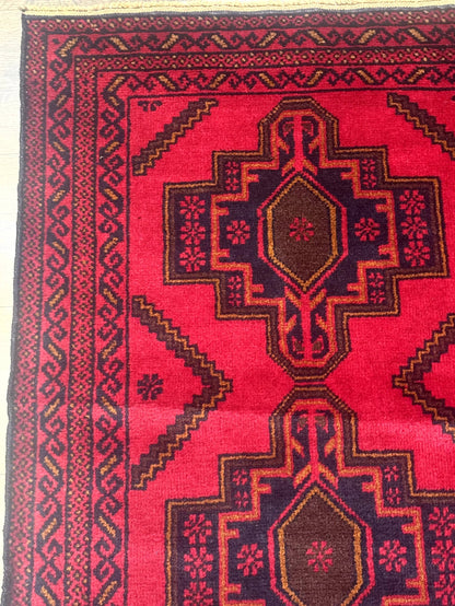 Afghan Rug 4x7, Tribal Carpet, Balouch Rug, Red and Navy Blue, Repeated Medallions, New