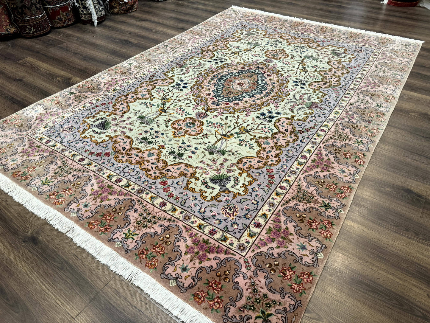 Wonderful Persian Tabriz Rug 7x10, Very Fine 330 KPSI, Light Green Light Blue Pink, Kork Wool Silk Foundation, Bird Pictorials