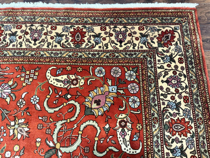 Romanian Rug 10x13, Vintage Handmade Wool Carpet, Floral Pattern, Birds, Red and Cream, Signed By Masterweaver, Persian Rug