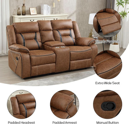 Brown Faux Leather Loveseat Dual Recliners Center Console