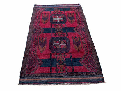 2' 10" X 4'6" Vintage Handmade Tribal Wool Rug Balouchi Rug Afghan Rug Red Black