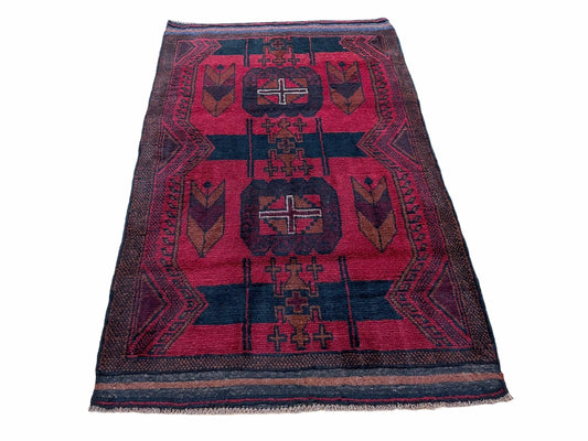 2' 10" X 4'6" Vintage Handmade Tribal Wool Rug Balouchi Rug Afghan Rug Red Black