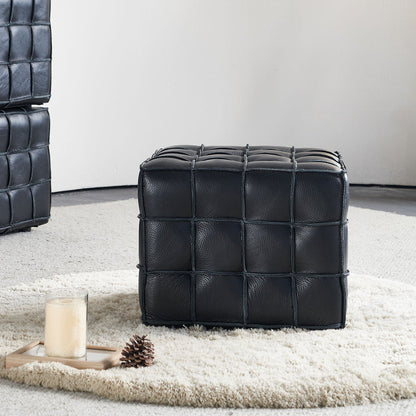 Black Genuine Leather Tufted Ottoman – 17" Square Footstool, Multi-Use, Solid Wood Base