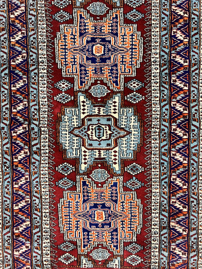Pakistani Rug 3x5 ft, Caucasian Kazak Design, Geometric Rug, Small Vintage Oriental Carpet, Dark Red Vintage Handmade Wool Rug 3 x 5